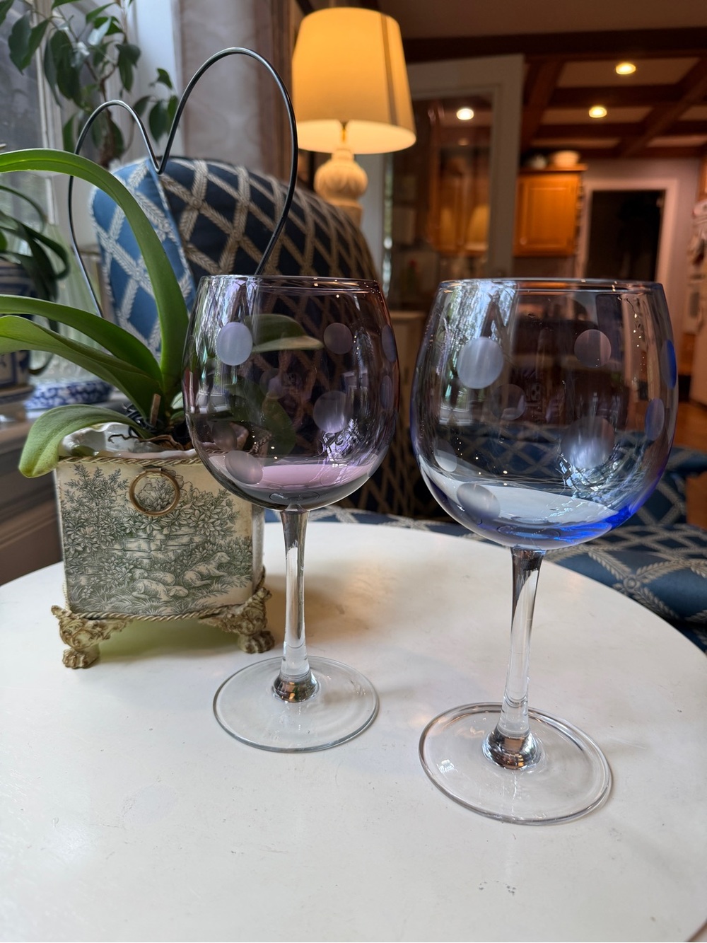 2 Marquis by Waterford Polka Dot balloon wine glasses blue and purple